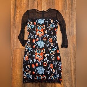 Sheer Top Vibrant Embroidered Black Mini Dress